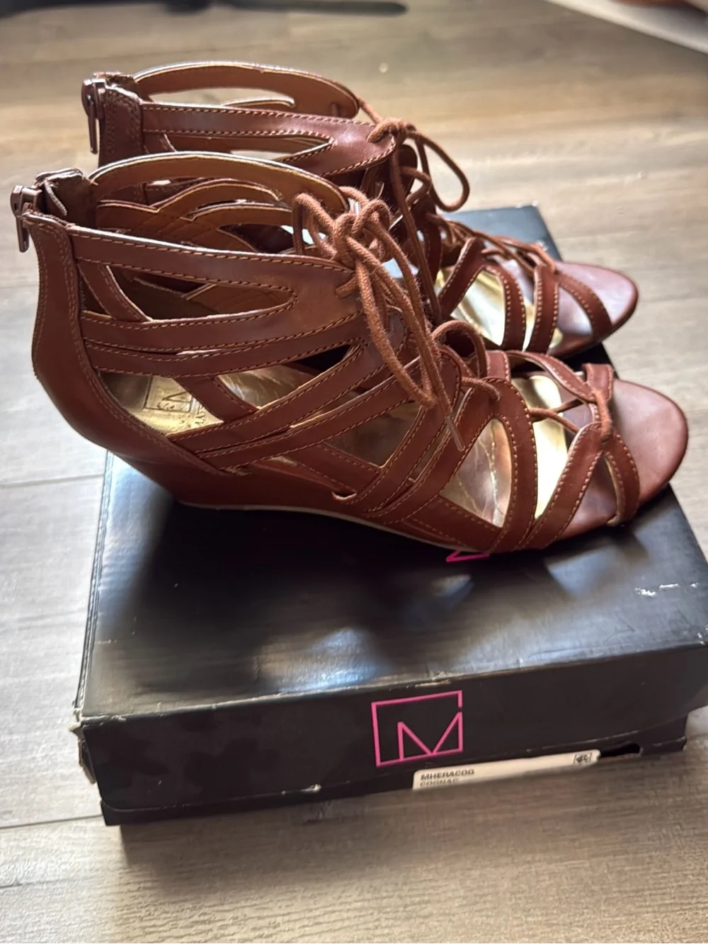 Material Girl Brown Lace-Up Wedge Sandals